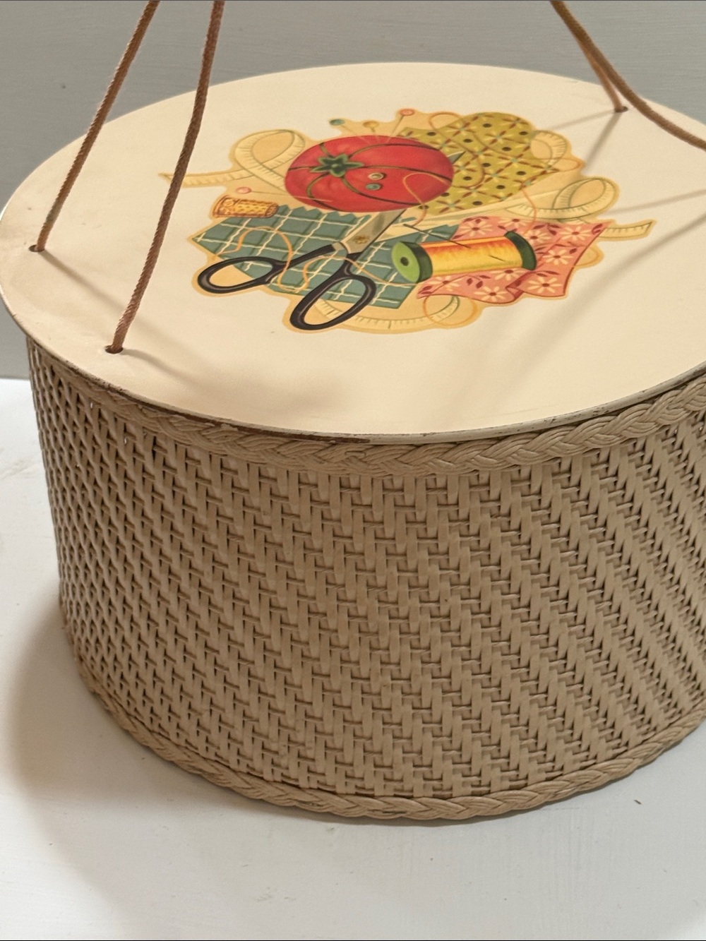 Vintage 1950’s Handcrafted Woven Sewing Basket with Cream Lid and Motif